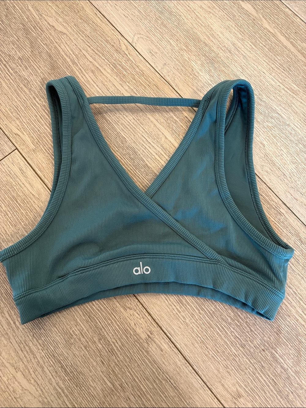 ALO Yoga Ribbed Wrap Sports Bra in Teal Green